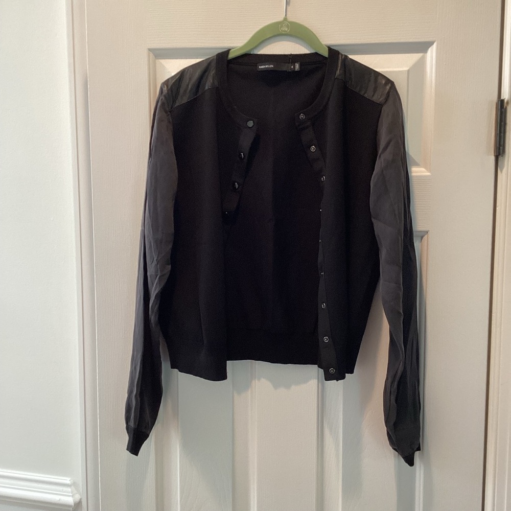 NWT Karen Millen Black Mixed Media Cardigan | Satin Sleeve Detail | Size 4